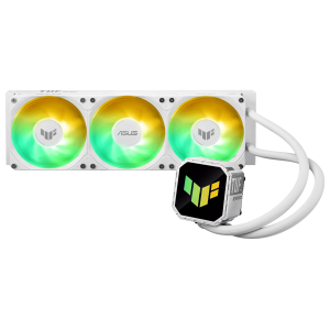 Triple-fan, white liquid-cooled graphics card with RGB-lit fans and external cooling block connected by white tubes