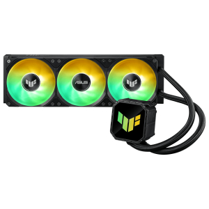 TUFGAMINGLCIII360ARGB_ASUS_LIQUID_COOLER_TUF_GAME_360_ARGB_wr_01png - Computech-Solutions Triple‑fan AIO liquid cooler with RGB-lit fans and a connected pump unit.
