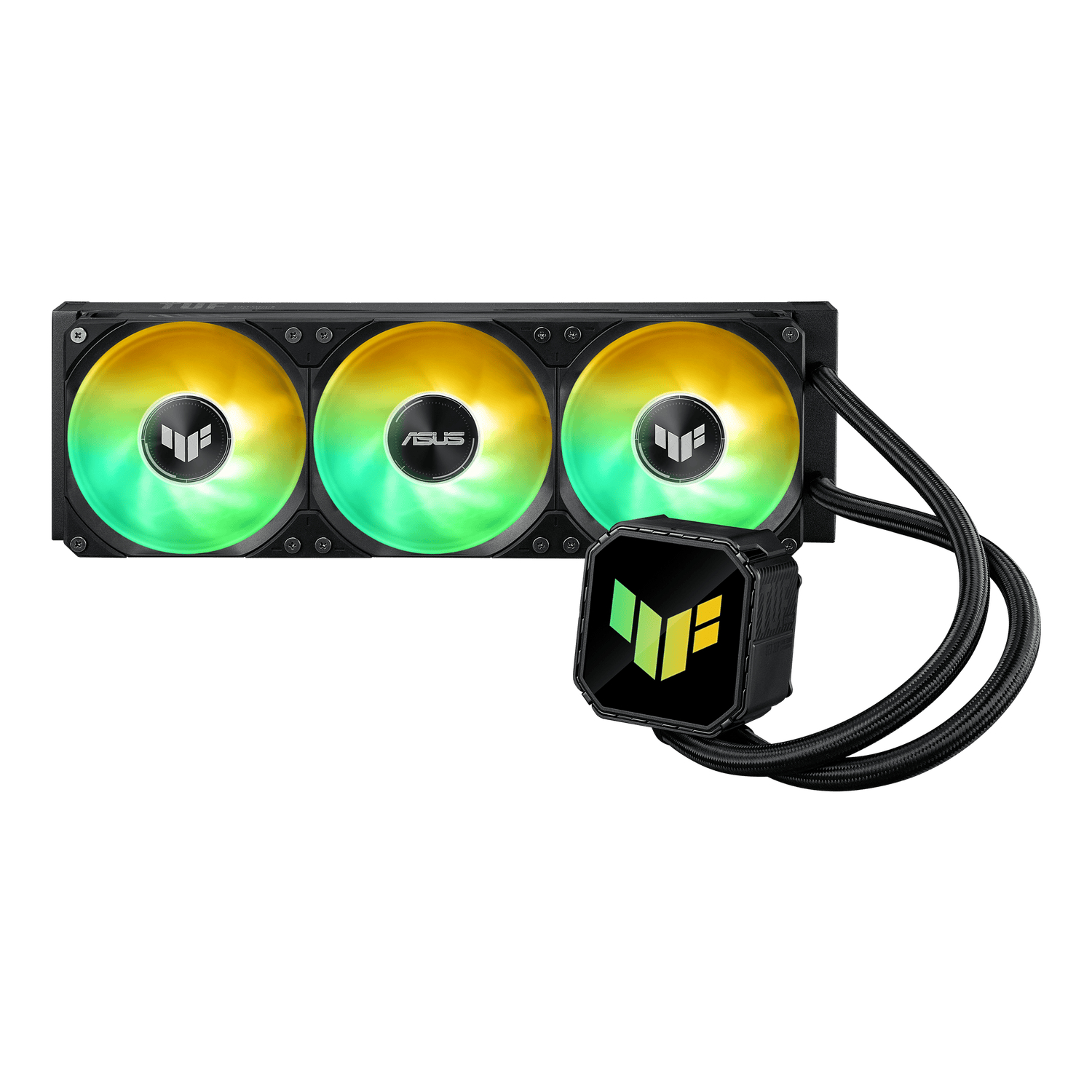 TUFGAMINGLCIII360ARGB_ASUS_LIQUID_COOLER_TUF_GAME_360_ARGB_wr_01png - Computech-Solutions Triple‑fan AIO liquid cooler with RGB-lit fans and a connected pump unit.