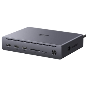 U712-75795F_UGREEN_10-in-1_Thunderbolt_5_Docking_Sta_wr_01jpg - Computech-Solutions Thunderbolt docking hub in gray with four USB-A ports, SD and microSD (TF) card slots, and a power knob on the side
