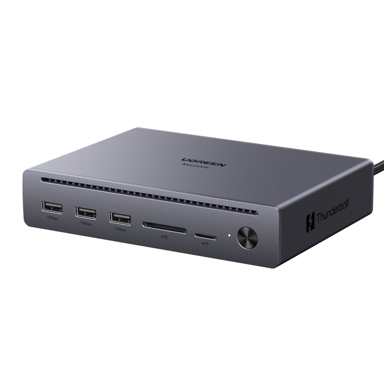 U712-75795F_UGREEN_10-in-1_Thunderbolt_5_Docking_Sta_wr_01jpg - Computech-Solutions Thunderbolt docking hub in gray with four USB-A ports, SD and microSD (TF) card slots, and a power knob on the side