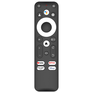 Dark TV remote with a large circular touchpad and a row of streaming app buttons (YouTube, Netflix, Prime Video, Disney+) near the bottom.] That’s a concise descriptive alt text.