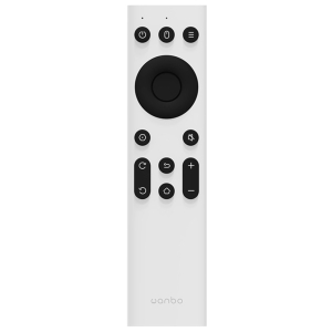 WANBOIRREMOTEWanboIRRemoteControlMiniProT2MaxX5Mozart1X2MaxWhitewr01ajpg ComputechSolutions White remote control with a large black circular touchpad in the center and smaller round buttons above and below; Wanbo logo at the bottom.