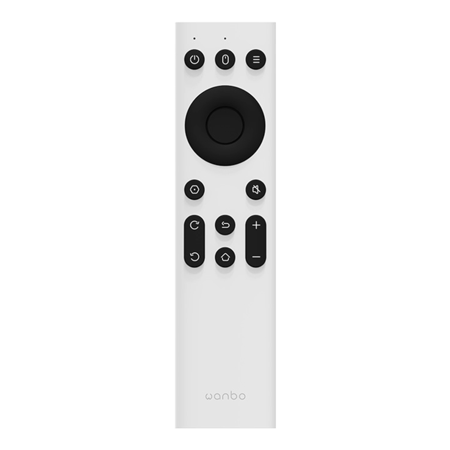 WANBOIRREMOTEWanboIRRemoteControlMiniProT2MaxX5Mozart1X2MaxWhitewr01ajpg ComputechSolutions White remote control with a large black circular touchpad in the center and smaller round buttons above and below; Wanbo logo at the bottom.