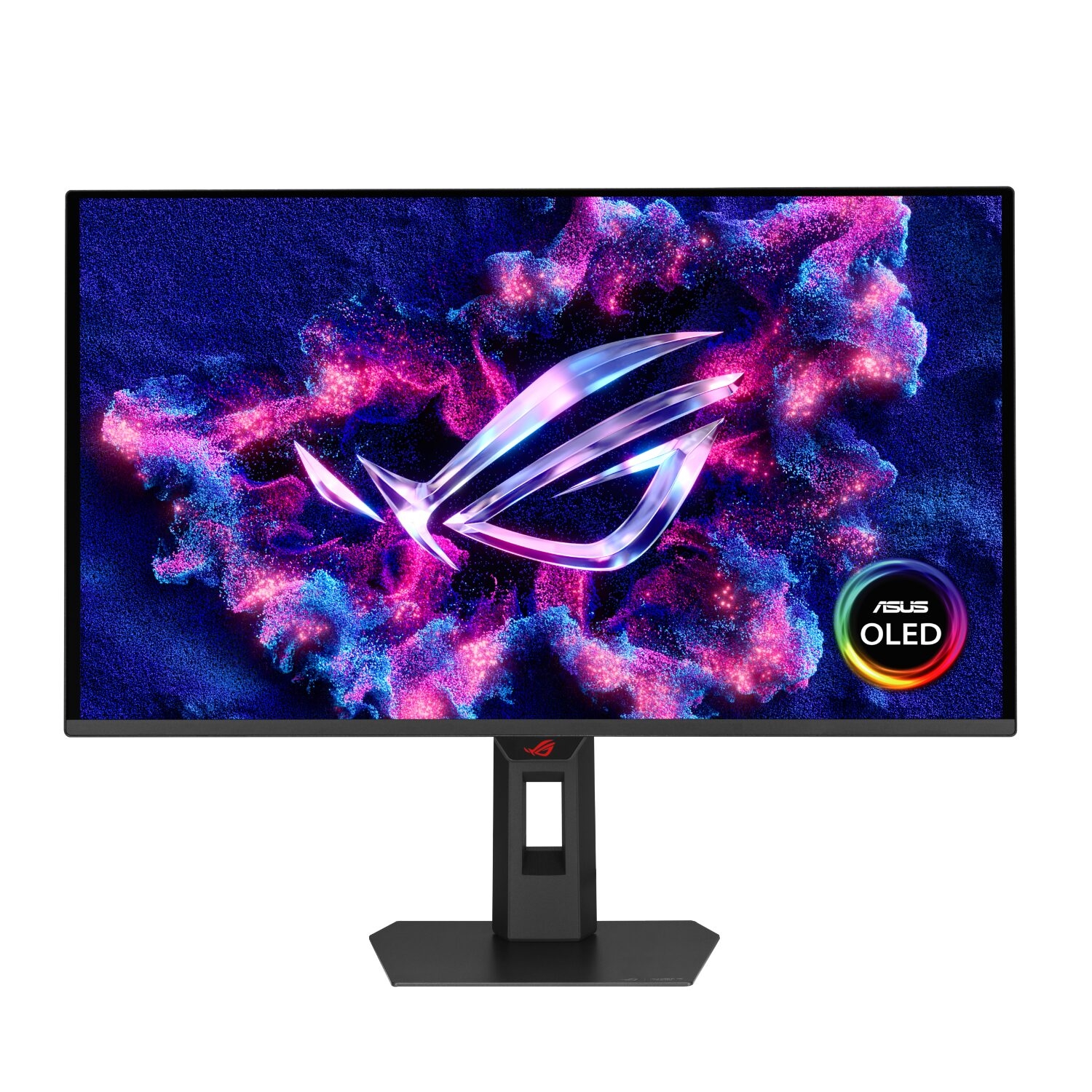 XG27AQDPG_Asus_ROG_Strix_27_QD-OLED_HDR_500_True_B_wr_01jpg - Computech-Solutions ASUS OLED gaming monitor on a stand displaying a vibrant purple‑pink abstract wallpaper.