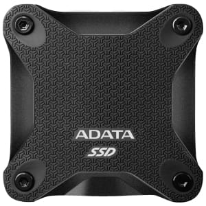 Close-up of a black ADATA SSD with a textured geometric grip and visible screws along the edges.