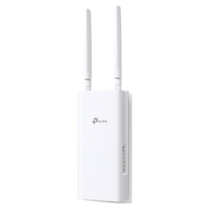White TP-Link wireless router with two tall external antennas