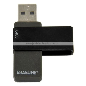 BLUSB64GB ComputechSolutions USB flash drive in black and gray with a 64GB capacity label, Baseline brand, shown partially rotated to reveal the USB connector.
