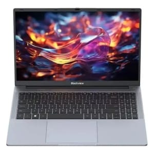BLKACEBOOK6330016512 ComputechSolutions Open Blackview laptop on a silver chassis with a vibrant abstract screensaver on the display.