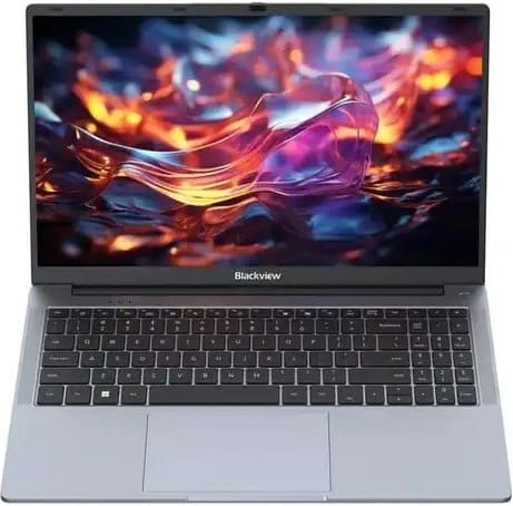 BLKACEBOOK6330016512 ComputechSolutions Open Blackview laptop on a silver chassis with a vibrant abstract screensaver on the display.