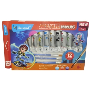 Orange art-set box labeled 'Acrylic Colours' containing 12 tubes of acrylic paint and two brushes, with cartoon characters on the packaging for kids' painting projects.