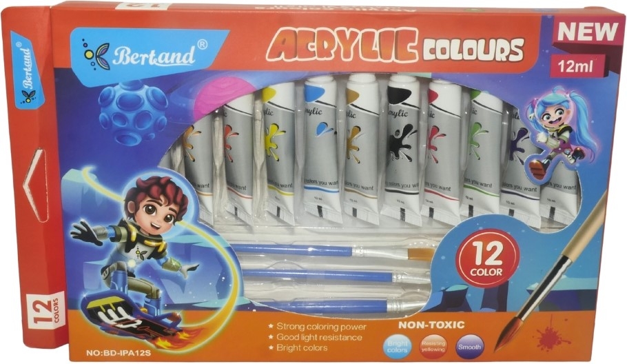 BWBDIPA12S ComputechSolutions Orange art-set box labeled 'Acrylic Colours' containing 12 tubes of acrylic paint and two brushes, with cartoon characters on the packaging for kids' painting projects.