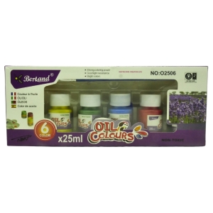 Box of Bertand Oil Colours set with 6 25ml bottles visible through window, purple packaging and lavender photo on right.