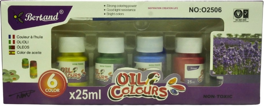 BWO25066 ComputechSolutions Box of Bertand Oil Colours set with 6 25ml bottles visible through window, purple packaging and lavender photo on right.