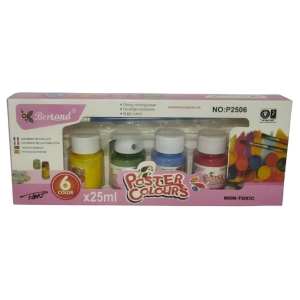 Six 25ml poster paint bottles (yellow, green, blue, and red visible) in a pink Bertand Poster Colours box with a clear plastic window and blister packaging.