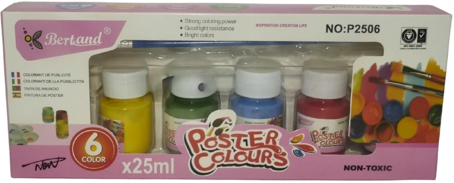 BWP25066 ComputechSolutions Six 25ml poster paint bottles (yellow, green, blue, and red visible) in a pink Bertand Poster Colours box with a clear plastic window and blister packaging.