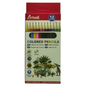 Box of Artwell 12-color colored pencils with color-wheel display on packaging, including plant-themed illustration at bottom.