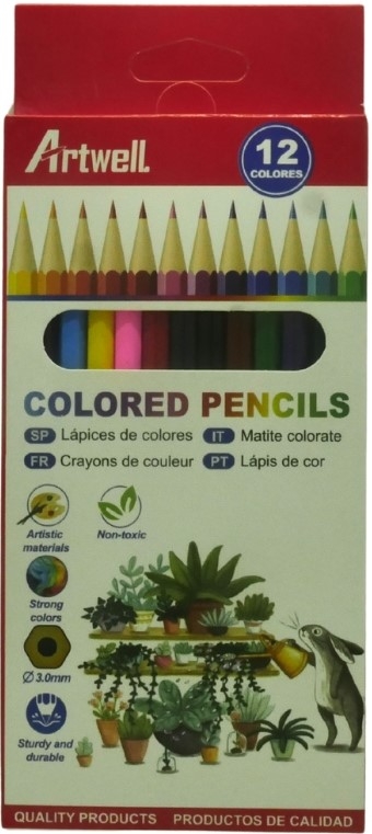 BWS1007634 ComputechSolutions Box of Artwell 12-color colored pencils with color-wheel display on packaging, including plant-themed illustration at bottom.