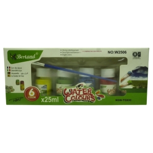 Box of Bertland watercolors: a 6-color set with six 25ml bottles and a blue brush visible through the window; packaging notes non-toxic and colorful branding.
