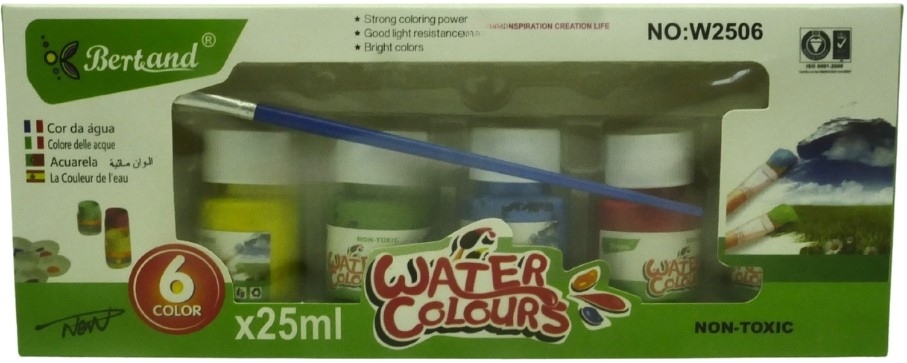 BWW25066 ComputechSolutions Box of Bertland watercolors: a 6-color set with six 25ml bottles and a blue brush visible through the window; packaging notes non-toxic and colorful branding.