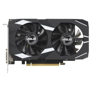 ASUS dual-fan graphics card with black shroud and gold PCIe connector.