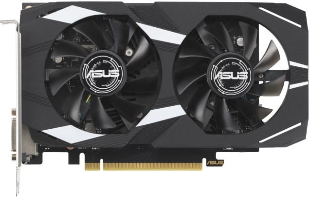 DUALRTX3050O6G ComputechSolutions ASUS dual-fan graphics card with black shroud and gold PCIe connector.