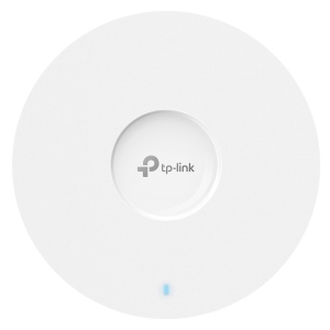 Circular white TP-Link device with a blue status LED at the bottom, likely a Wi-Fi access point or router hub