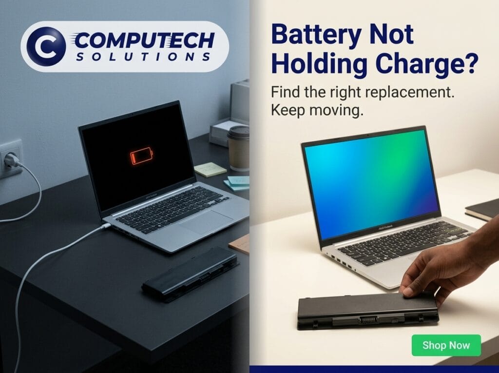 Split ad image: left side shows a charging laptop on a dark desk with the Computech Solutions logo; right side shows a laptop with a removable battery and a 'Shop Now' area.
