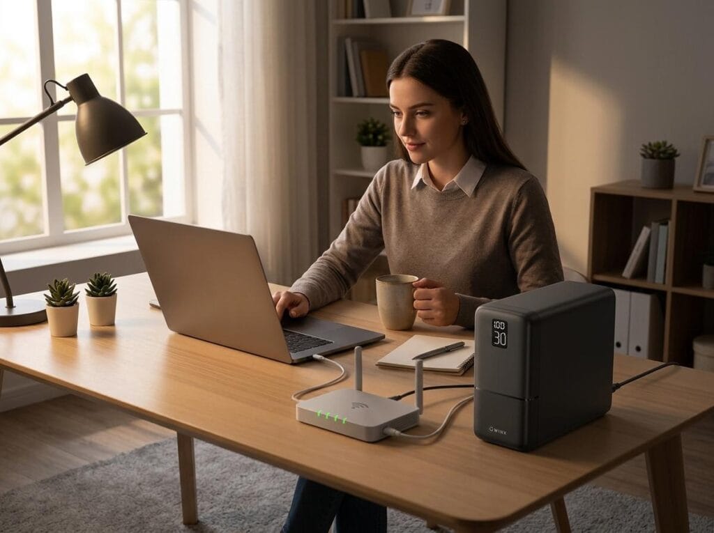 Woman at a wooden desk using a laptop in a bright home office; a white wireless router and a black storage device sit beside her, with a mug and notebook nearby.