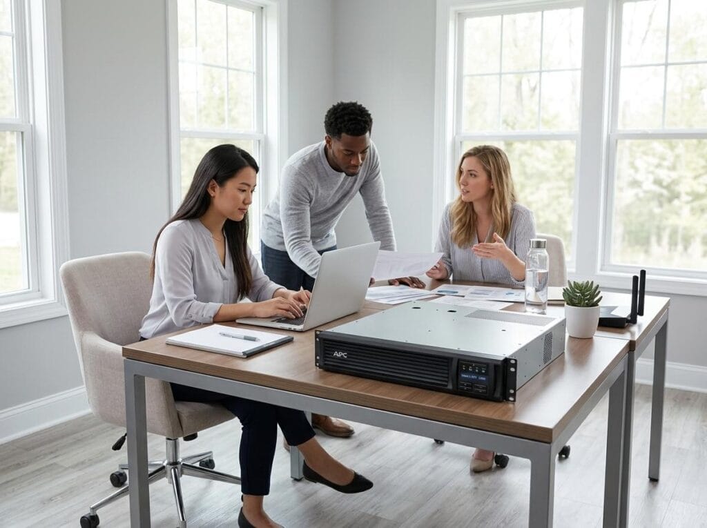 Three coworkers collaborate at a bright office desk, with a laptop and a rack/server unit on the table and papers spread out.
