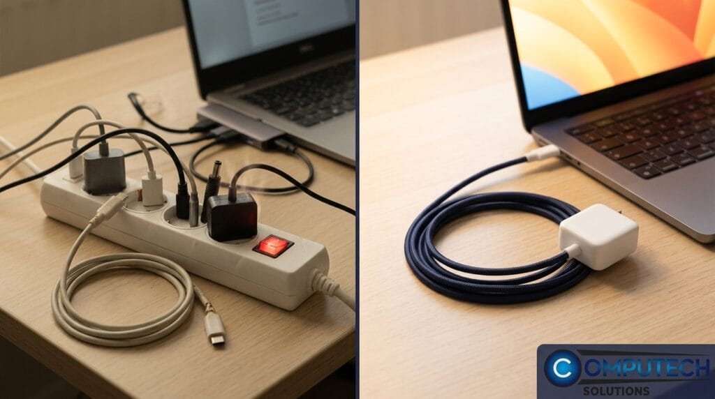 Two-panel desk setup: left shows a power strip with several plugged cables and a red on/off switch; right shows a laptop connected to a blue braided USB-C cable with a white adapter.
