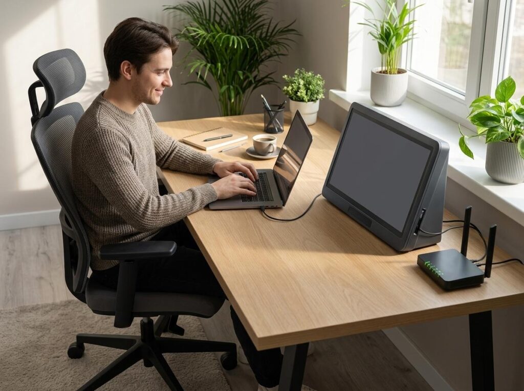 Man typing on a laptop at a wooden home-office desk, with an external monitor, a wireless router, and potted plants by the window.