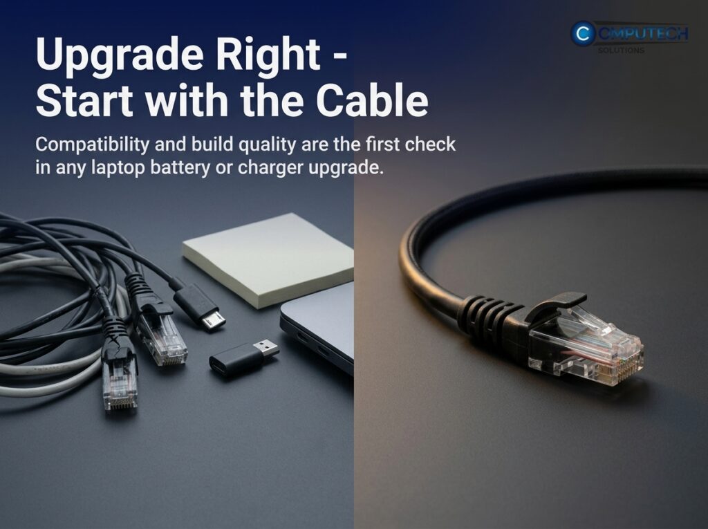 Marketing banner: left side shows a tangle of laptop cables and adapters; right side features an Ethernet RJ-45 cable; large headline reads 'Upgrade Right - Start with the Cable' with supporting text about compatibility, and a Computech Solutions logo in the top-right.