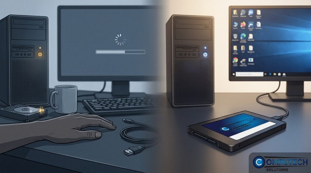 Split-screen illustration of an old desktop setup on the left and a modern PC with monitor on the right, signaling a tech upgrade.