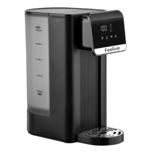 FWD30B ComputechSolutions Black compact coffee machine with a tall water reservoir on the left and a digital control panel on the top right, labeled Feellve/Feelive.
