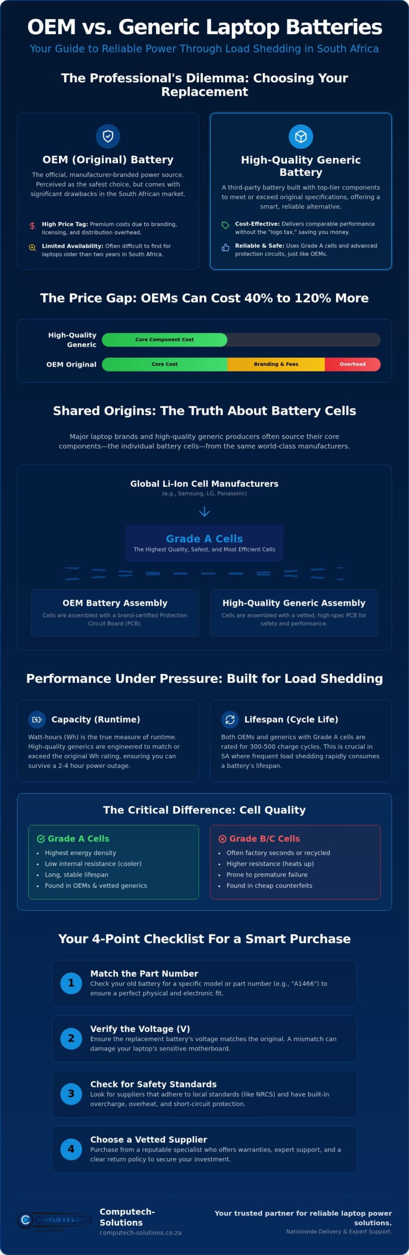 OEM vs Generic Laptop Battery in South Africa The 2026 Comparison Guide Infographic ComputechSolutions OEM vs Generic Laptop Battery in South Africa: The 2026 Comparison Guide