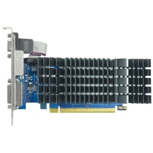 Graphics card with large black heatsink fins and gold PCIe connector, mounted at left side of the card (ASUS branding).
