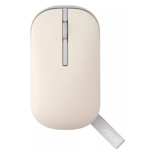 Beige wireless computer mouse with a vertical scroll wheel and a fabric USB receiver extending from the base.