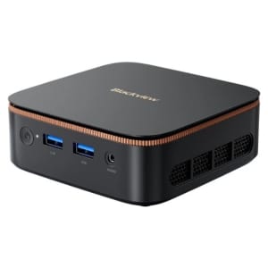 Compact Blackview mini PC with front power button, two USB 3.0 ports, audio jack, and side ventilation grills.