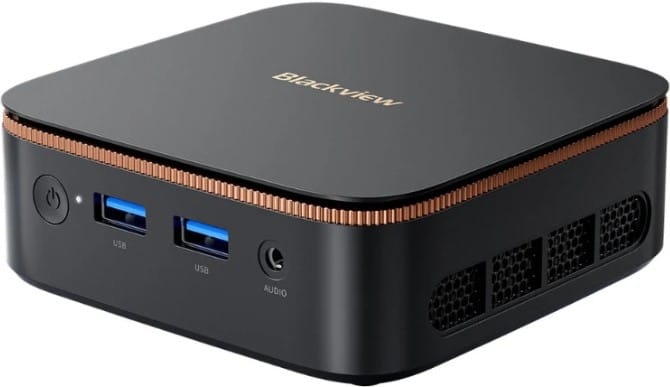 MP20AMD3300U16512PRO ComputechSolutions Compact Blackview mini PC with front power button, two USB 3.0 ports, audio jack, and side ventilation grills.