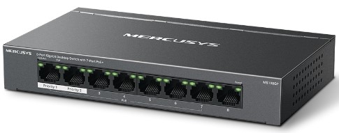 MS108GP ComputechSolutions Mercusys 8-port Ethernet switch with front-panel LED indicators and power label on the right.