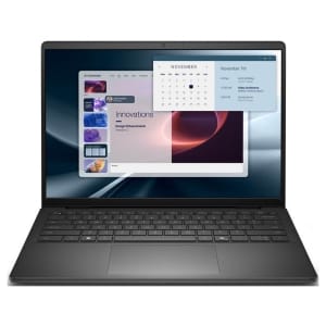 Black laptop open with a split-screen desktop UI and calendar overlay on the display