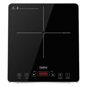 Induction cooktop with black glass surface, white markings, and a red digital timer display at the bottom center.