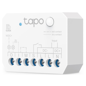 White Tapo control module with eight blue terminal screws and wiring diagram, used to connect DC inputs and dry/wet contacts.