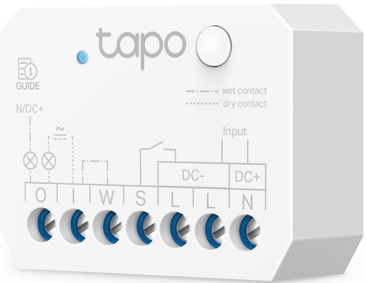 TAPO S110E - Computech-Solutions White Tapo control module with eight blue terminal screws and wiring diagram, used to connect DC inputs and dry/wet contacts.