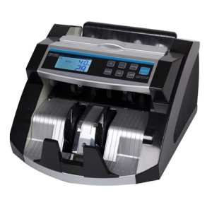 UN2100A - Computech-Solutions Electronic bill counter counting paper currency with a blue backlit display and control panel on top, in a compact desktop unit.