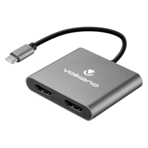 Volkano USB-C dual HDMI adapter—aluminum housing with two HDMI ports and a short cable