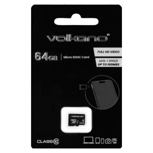 VK-30091-64GB - Computech-Solutions Volkano 64GB microSDHC card packaging showing capacity (64 GB), UHS-I up to 100 MB/s, Full HD video, with card image and Class 10 symbol.
