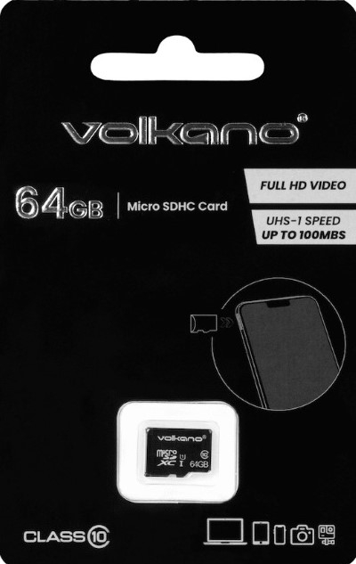 VK-30091-64GB - Computech-Solutions Volkano 64GB microSDHC card packaging showing capacity (64 GB), UHS-I up to 100 MB/s, Full HD video, with card image and Class 10 symbol.