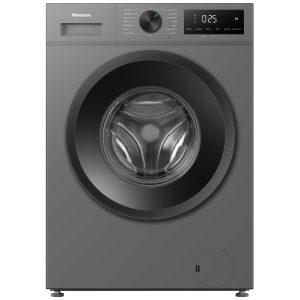 Front view of a Hisense front-loading washing machine with large circular drum and control panel on top-right.